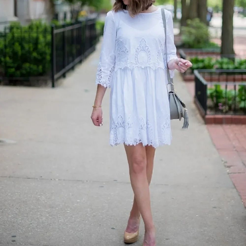 Beige By eci boho white embroidered pop over dress